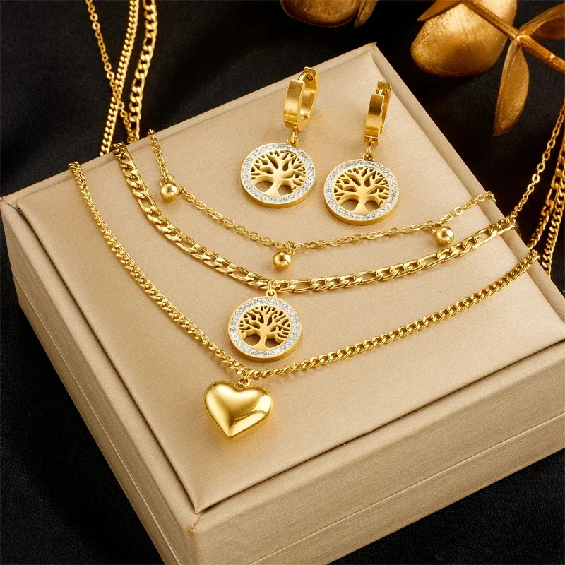 3PCS Set Heart Tree Pendant Necklace Bracelet Earring Set Gold Plating Big Heart Pendant Lucky Tree Crystal Jewelry Set 1