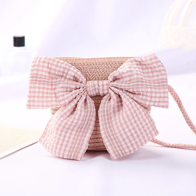 Children Straw Hat Bag Summer Beach Sunscreen Bucket Cap Colorful Flower Bowtie Bag Straw Hat Breathable For Baby Panama Caps