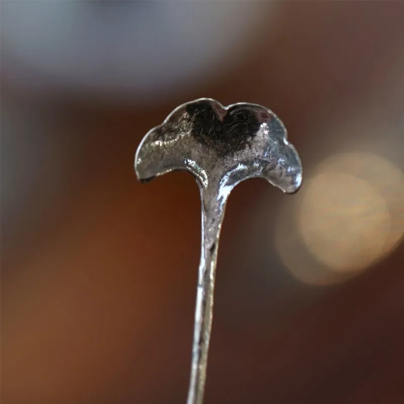 Chinese Handmade Silver Ginkgo Leaf Shaped Tea Spoon Tea Needle Integrated Scoop Spoon Ceremony Accessories ZF02