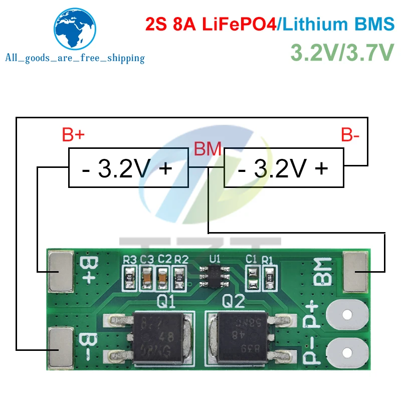 1/3PCS BMS 2S 3.2V 3.7V 8A LiFePO4 / 리튬 배터리 충전 보호 보드 15A 최대 전류 6.4V 7.2V 18650 32650 배터리