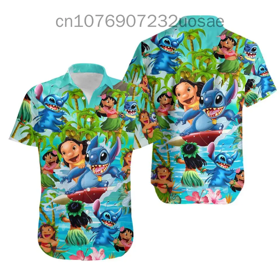 

Disney Stitch and Lilo Hawaiian Shirt Men's Women's Short Sleeve Beach Shirt Disney Cartoon Cute Casual Button Up Hawaiian Shirt