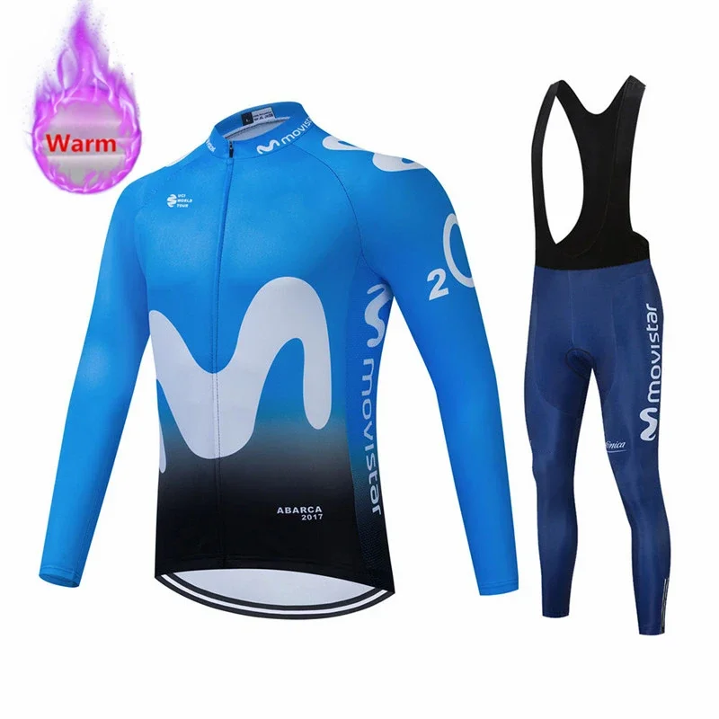 Movistar Racing Thermal Fleece Cycling Jersey Set Bicycle Bib Shorts Bike Clothing Ropa Maillot Ciclismo Hombre Bicicleta Kit 3