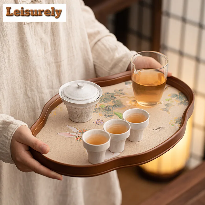 Bamboo Wood Glass Jade Rabbit Begonia Tea Tray Snack Plate Coffee Storage Board Organizers Desk Dishes For Serving Tea Ceremony