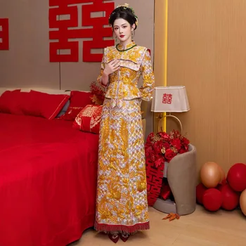 Gold Qipao Hanfu Dress Bride Ancient Costume Chinese Wedding Dress Traditional Embroidery Toast Clothing Vestido