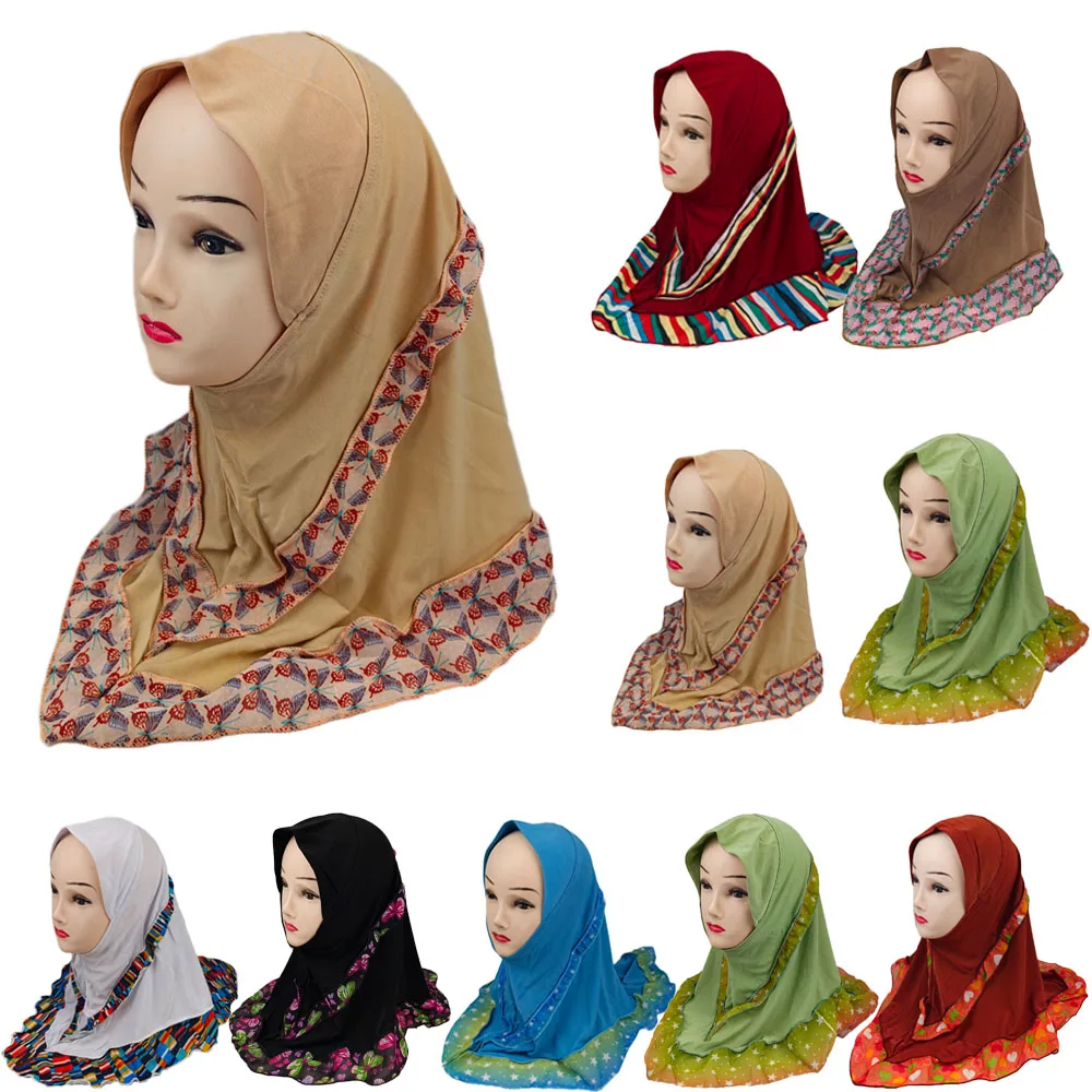 

One Piece Kids Girls Scarf Hijab Amira Muslim Headscarf Islamic Shawls Arab Wrap Bandanas Turban Printed Patchwork Head Wrap New
