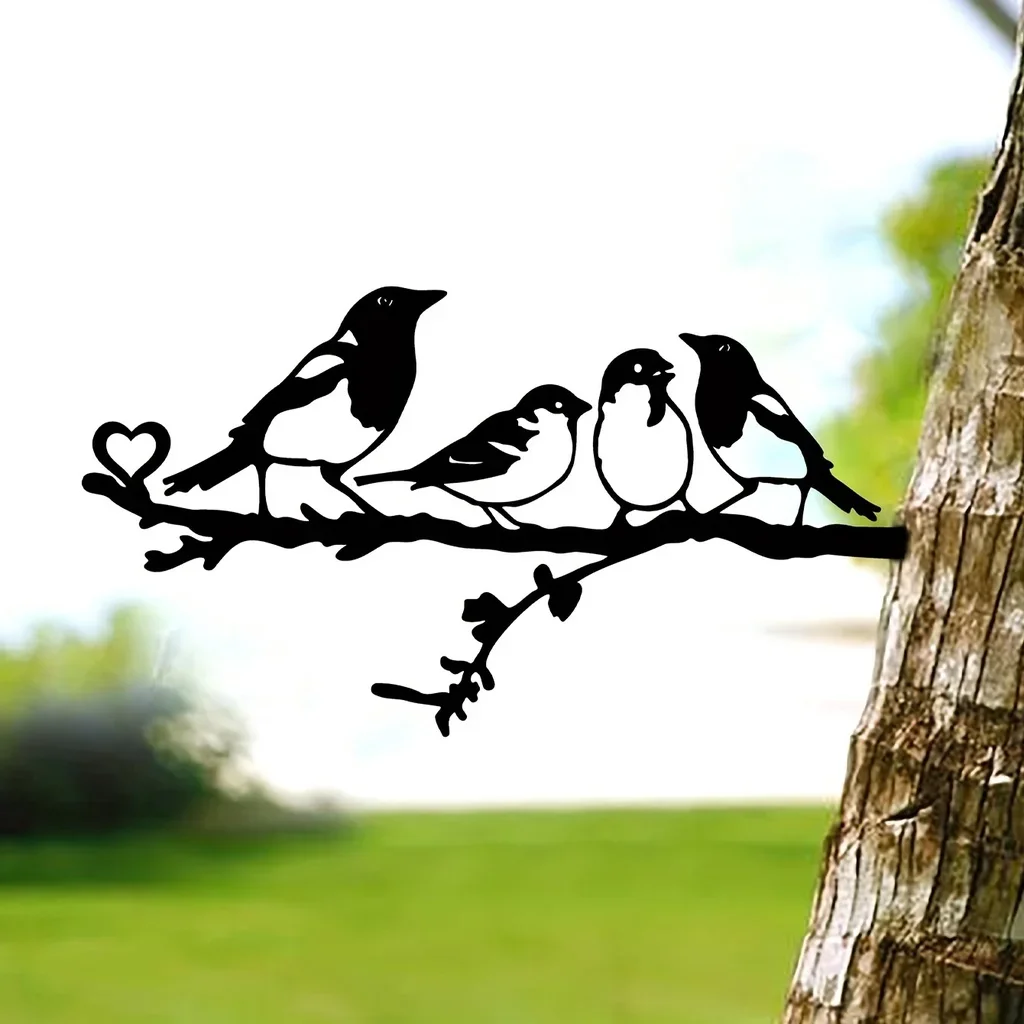 Four Birds On Branch Steel Silhouette Metal Wall Art for Home Garden