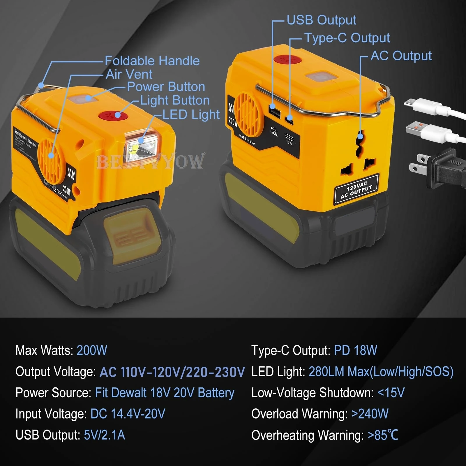 DC 20V to AC 110/220-230V Power Inverter Compatible with Dewalt 20V Max Battery