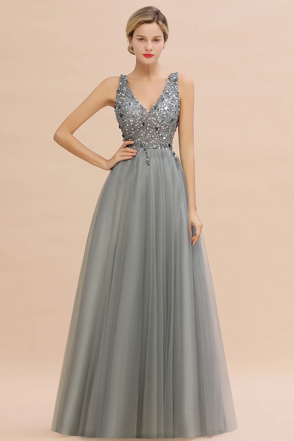 BABYONLINE A-line Prom Dress with Layers Skirt in Glittering Tulle Scroll Lace Bodice V-neck with Thin Straps Sliver Gray Gown