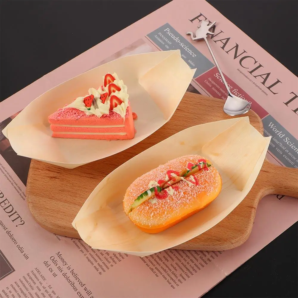 Disposable Food Trays 50Pcs Disposable Pine Wood Paper Bowl Adorable Boat Shape Serving Tray Sushi Food Kitchen Bakeware For Home Dining Bar