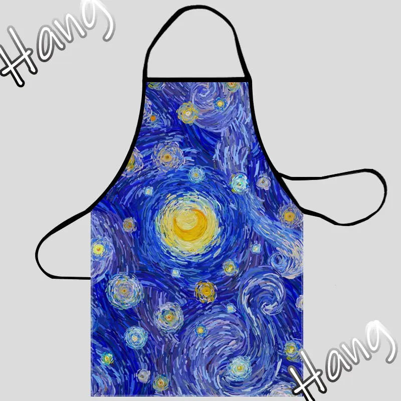 1pcs striped waterproof polyester apron woman adult bibs home cooking baking coffee shop cleaning apron for kitchen Van gogh painting Pattern Oxford Fabric Apron For Men Women Bibs Home Cooking Baking Cleaning Aprons Kitchen Accessory