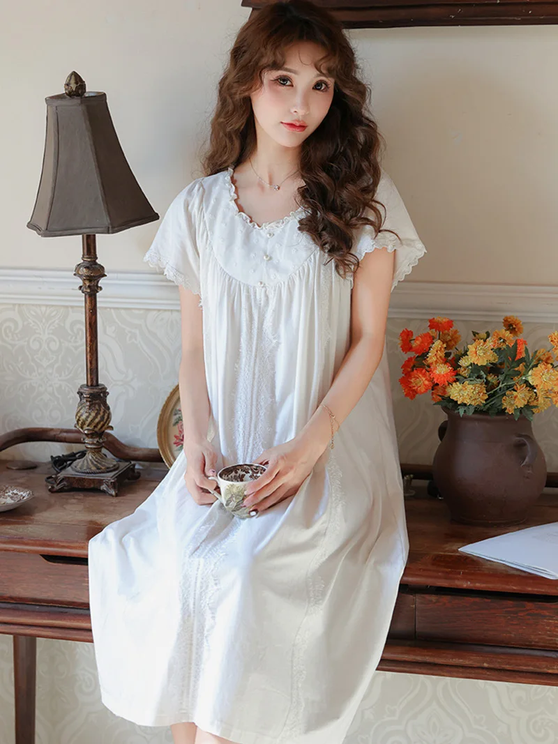

Women Summer Korean Sweet Girl Lolita Nightgowns Ruffles Short Sleeve Fairy Pajama Sleepwear Vintage Princess Victorian Dress