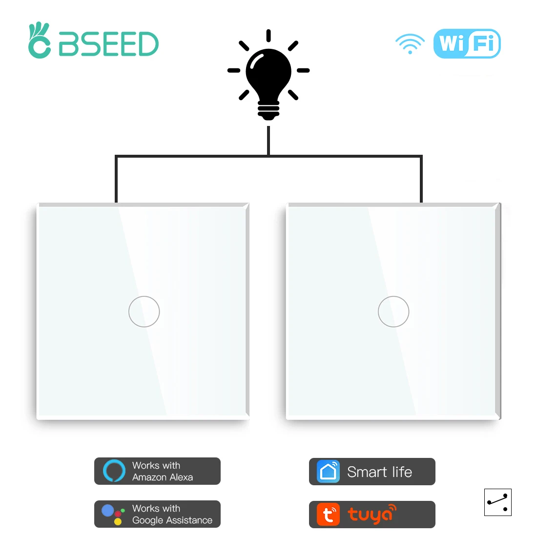 Bseed Tuya Wifi Switch 1Gang 2 Way Smart Touch Switch Tuya Google Smart Life Alexa App Controllo Wireless Glass Panel2Pack
