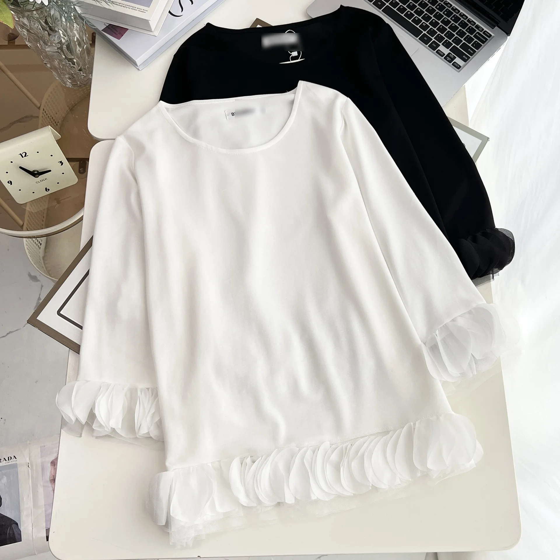 Fashion Plus Size Women's T-Shirt Autumn New Style Long Sleeve Modal Scuba Knitting Fabric Three Dimensional Lace Tops 1705