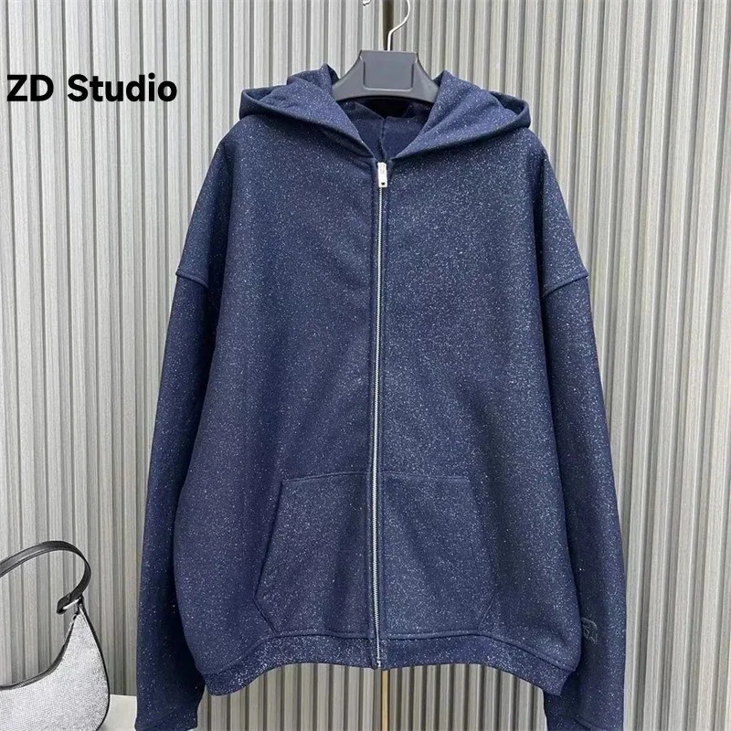 

[ZD Studio] Starry Sky Blue Sweater | Fine Sparkle Foam Printed Zipper Long Sleeve Hooded Sweater Loose Thin Fleece Short Coat