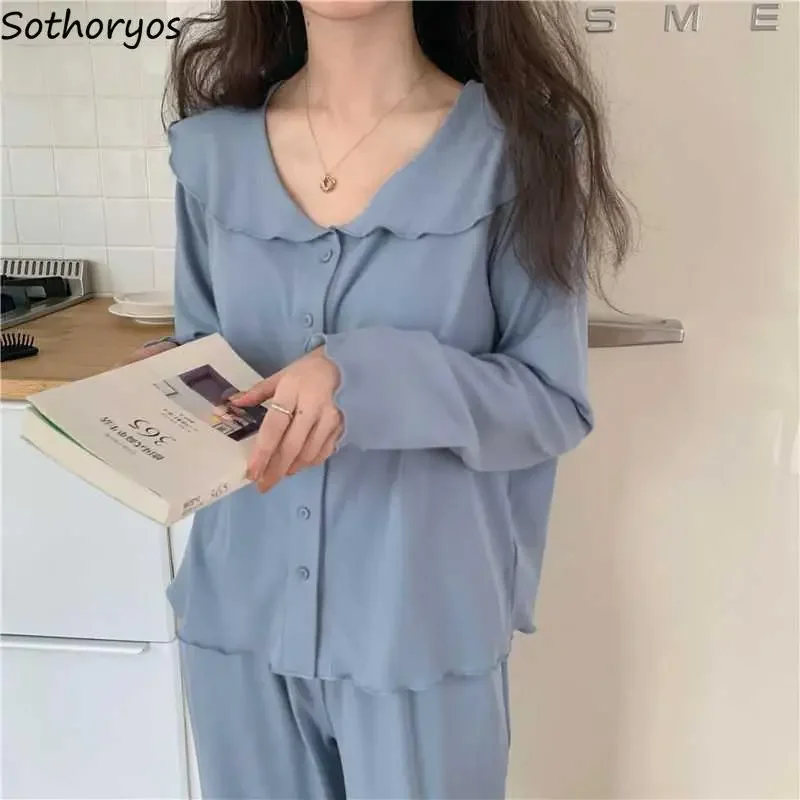 

Tender Pajama Sets Women Solid Simple Soft Cozy Long Sleeve Nightwear Female Casual Chic Lounge Sweet Kawaii Autumn New Hot Sale