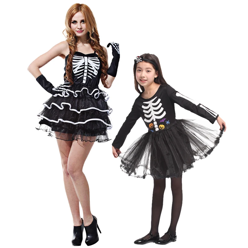 

Terror Evil Skeleton Printing Costume Demon Ghost Carnival Masquerade Parent-child Fashion Dress Cosplay