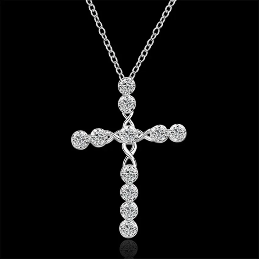 45cm 925 Sterling Silver Crystal Pendant Necklace Wedding Charms Women Fashion Jewelry Classic Cross Gift