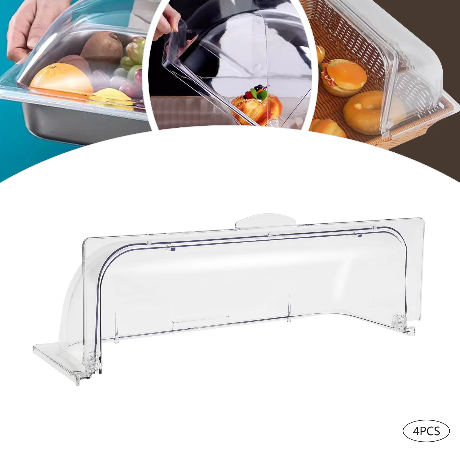 4 Pcs Clear Chafing Dish Covers Applicable 1/1, Full Size Roll Top Food Lid Dome Plastic Dessert Cake Cupcake Display Exhibition
