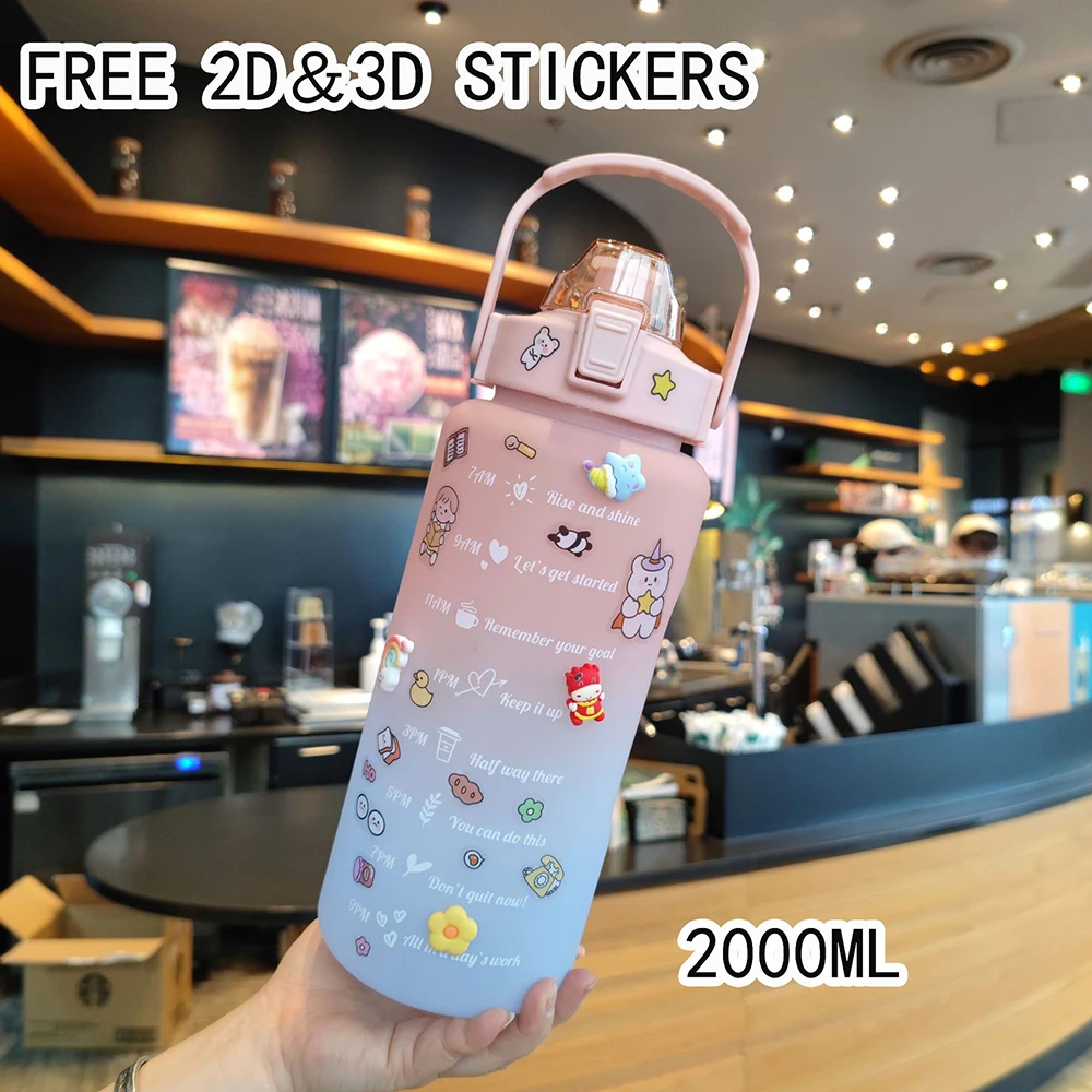 

2000ML Water Bottle Portable 2 Liter Bottles with Straws Time Scale Frosted for Outdoor Sports Fitness Items Waterbottle