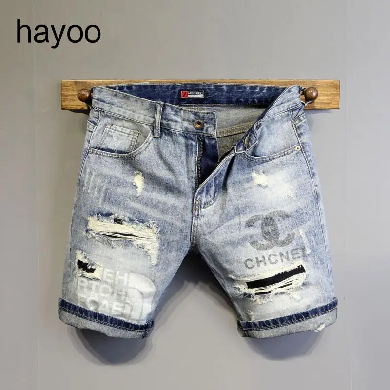 Summer new light blue washed old denim shorts men's ripped patch personalized printed slim fit five-point jeans shorts
