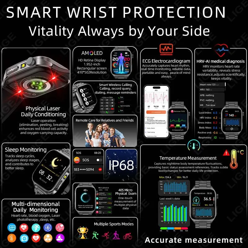 LIGE 650nm Laser Conditioning Sapphire Glass Smart Watch Men Heart Rate Blood Pressure Micro Physical Exam Health ECG Smartwatch