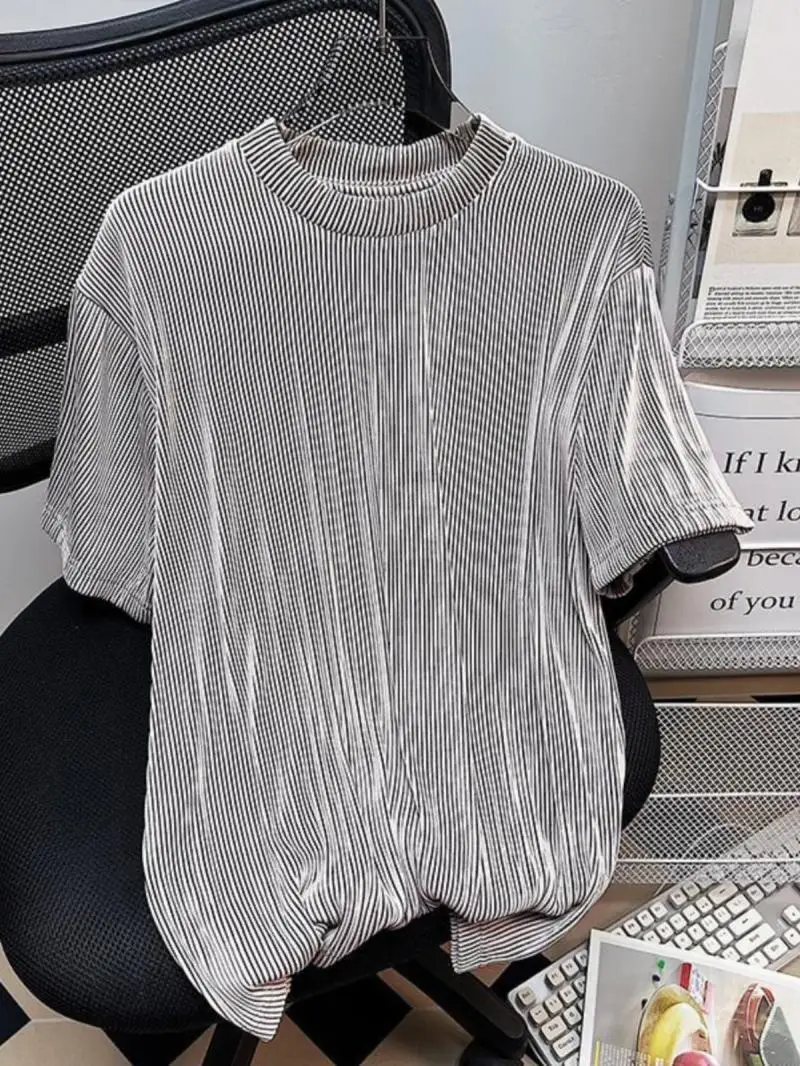 Korean style ice silk texture short-sleeved men summer high-end design niche cool T-shirt loose line drape couple fashion top ziqiao top women office lady short sleeved t shirt female design sense niche 2021 new korean version loose western top women