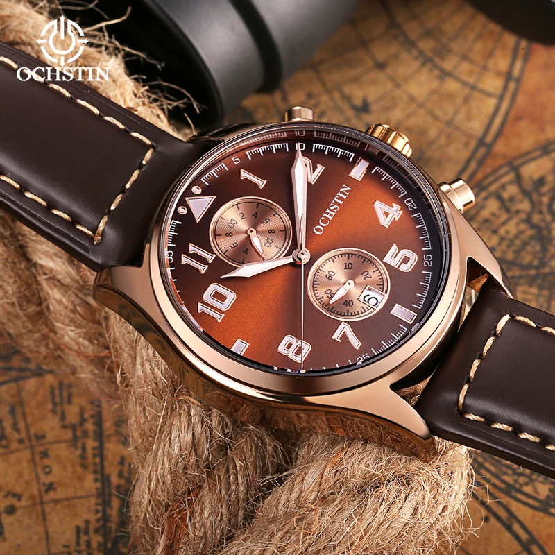 Ochstin Top Brand Multifunctional Quartz Watch Leather Strap Mineral Hardened Galss 30 Meters Life Waterproof Watches