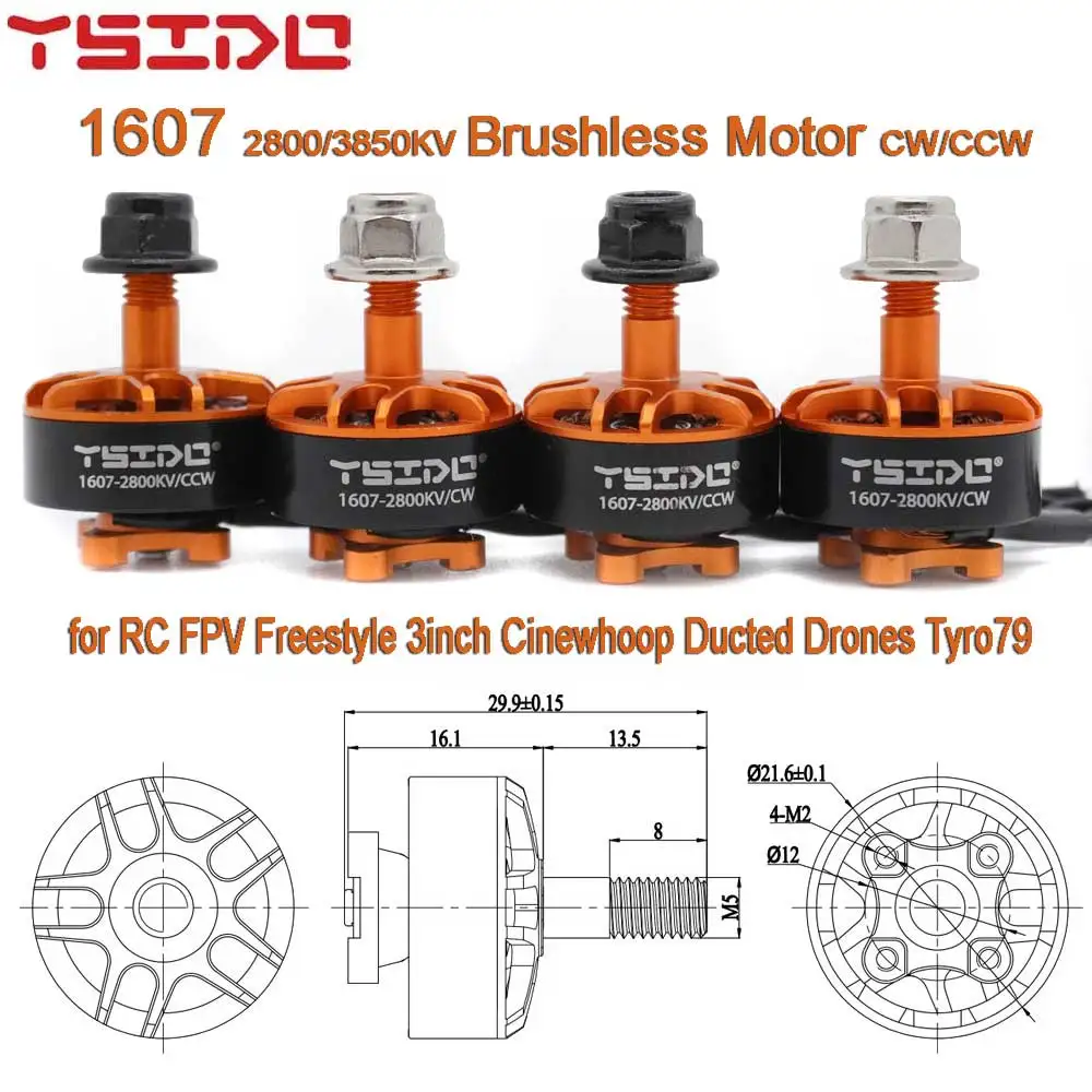 4pcs YSIDO 1607 Brushless Motor 2800KV 3850KV 2-4S M5 Shaft CW/CCW