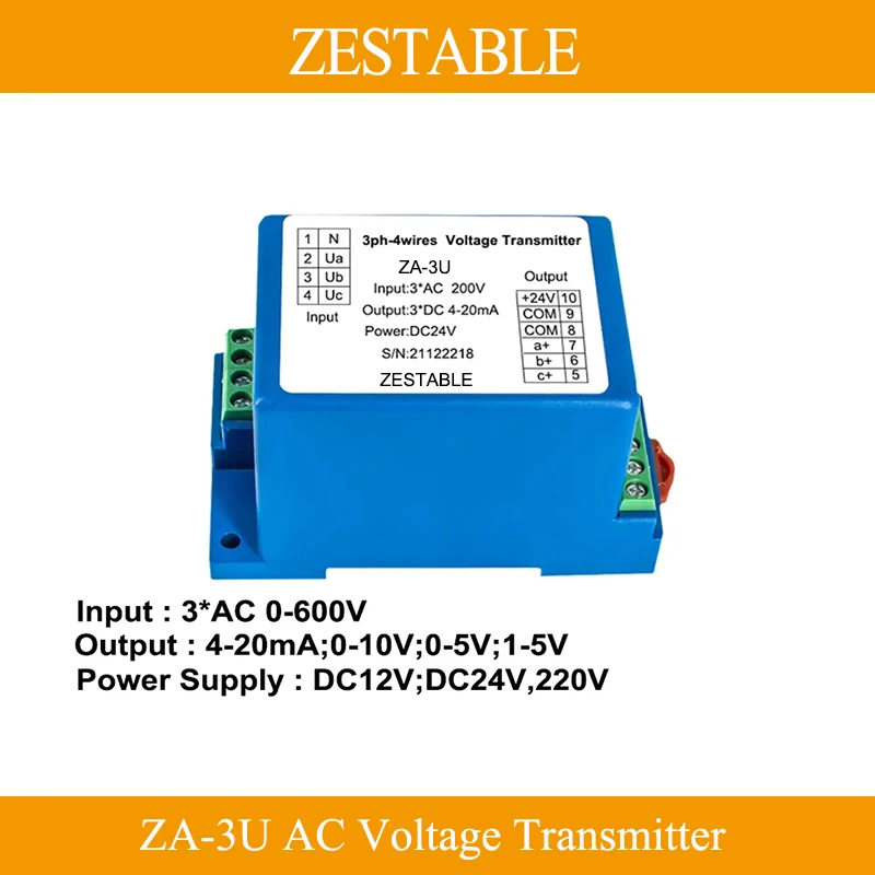 Za-3U Sensore Di Tensione Trifase A 4 Fili Ac 0-600V Trasmettitore Di Tensione Trasduttore Uscita 4-20Ma Dc12V 24V 220V Alimentatore