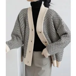 New Autumn/winter Korean Version Lazy Style Retro Stripes Loose and Versatile Western Style Women's Knitted Cardigan Sweater