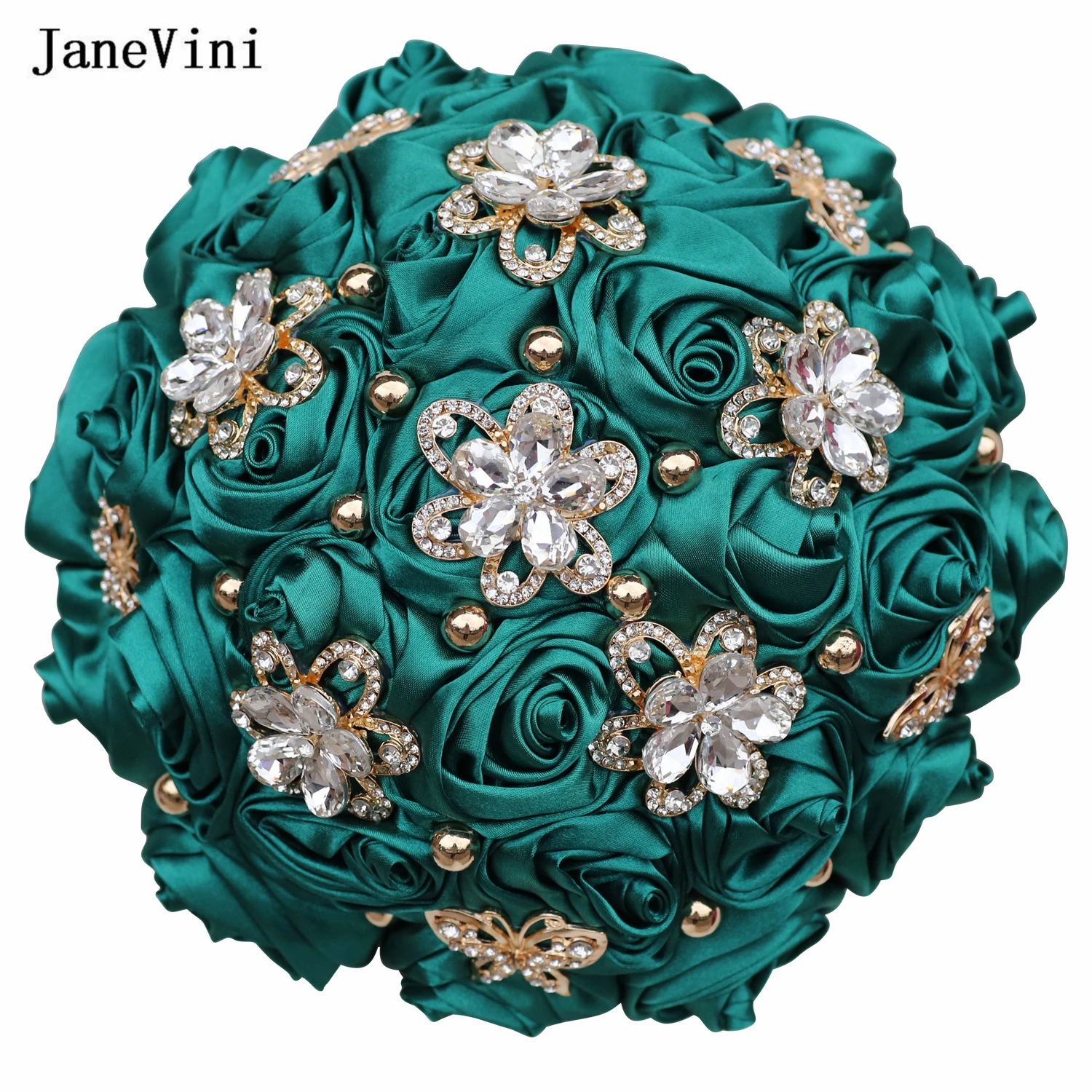 

JaneVini 2023 Dark Green Satin Flowers Luxury Crystal Bridal Bouquets Ribbon Handle Handmade Roses Wedding Bouquet Ramo De Novia