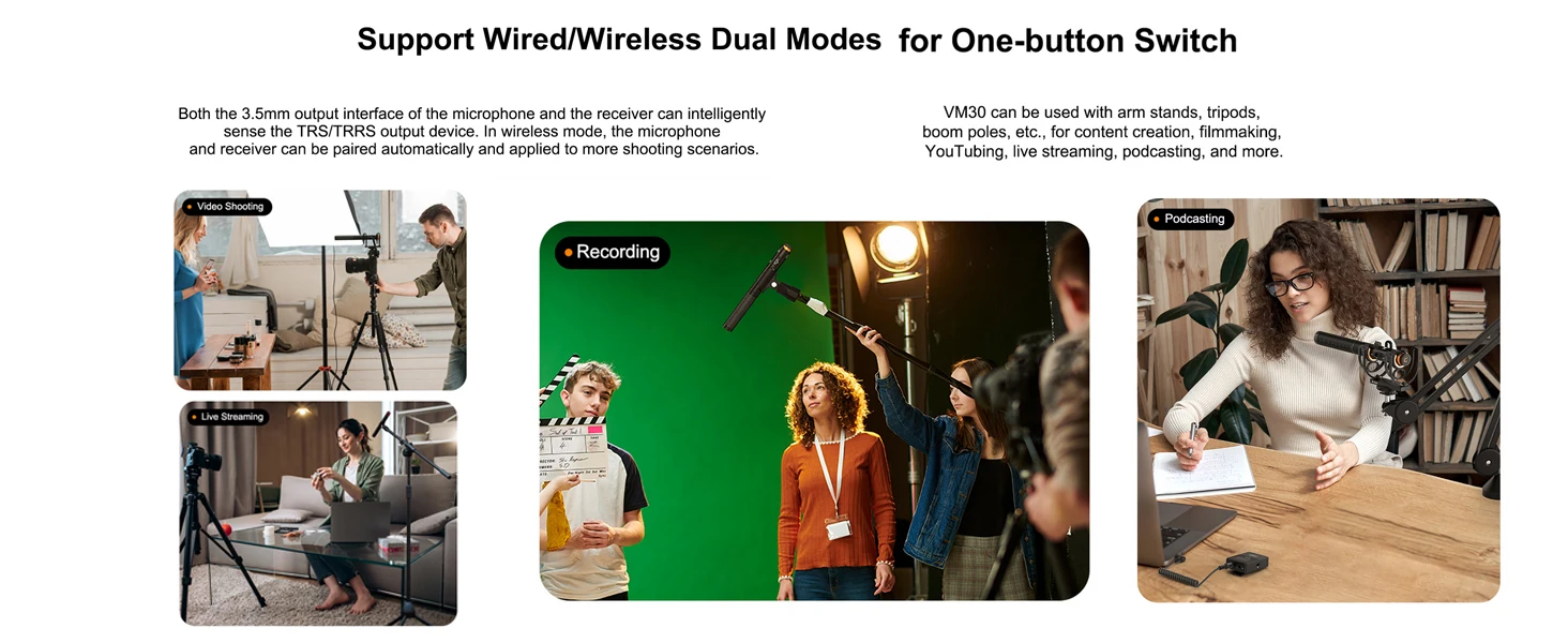 VM30 2.4G Super Cardioid Condenser Wireless Microphone Shotgun Mic With Gain Con