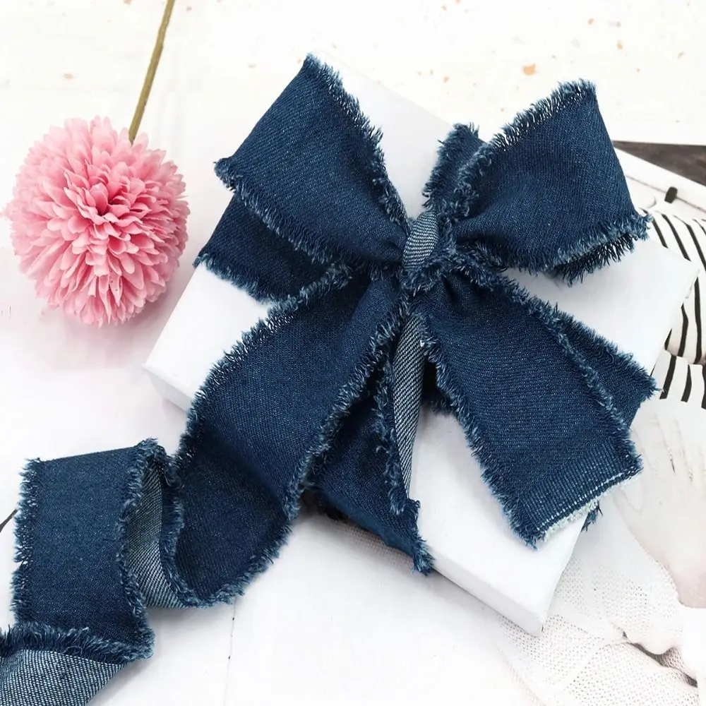 데님 리본 청바지 천 원단, 수제 프린지 실크 리본, DIY 바느질 공예, 헤어클립 리본, 리본 옷, 파란색 카우보이 장식