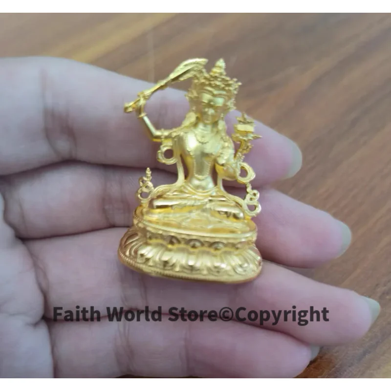 

Asia Buddhism amulet Pocket Portable small gold copper Goddess Manjushri Bodhisattva protective talisman exorcise evil spirits
