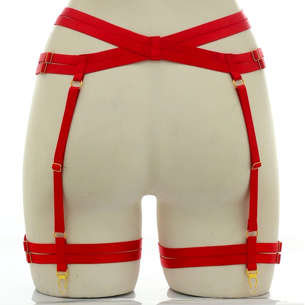 Red Adjustable Harness High Waist Garter Belt Bow Pole Dance Body Cage Harajuku Halloween Bondage Wedding Bride Stocking Garter
