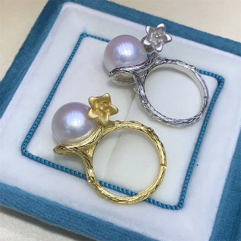 

hot huge Round AAAA++++ ROUND 10-11mm 11-12mm akoya white Pearl S925 Luxury Flower Ring Adjustable