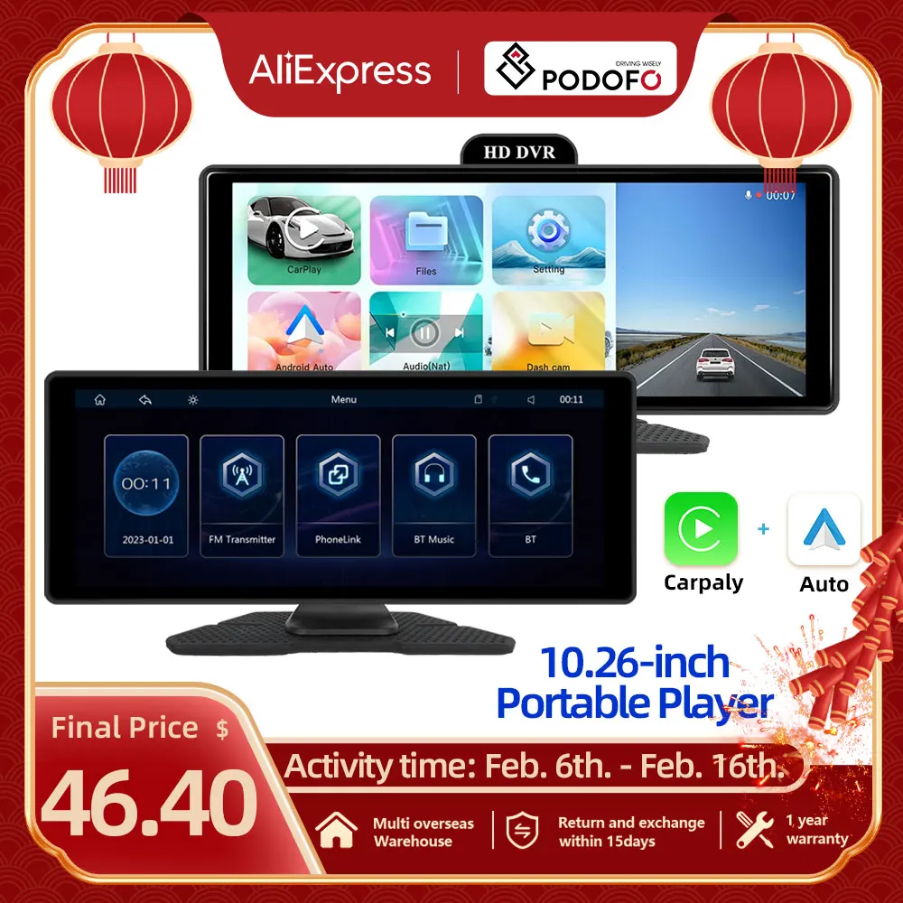 Podofo 10.26 "4K Dash Cam Adas Wireless Carplay E Android Auto Car Dvr Telecamera Per La Retromarcia Cruscotto Videoregistratore Gps Track