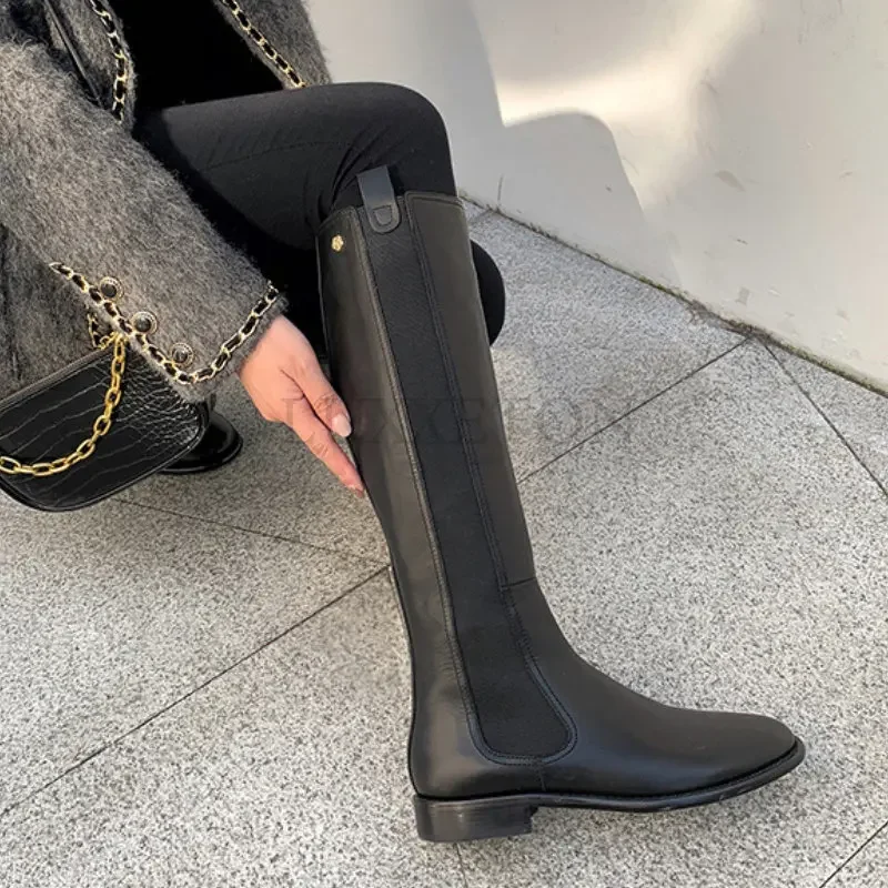Women Knee Boots Genuine Leather Women Chelsea Boots Leather Knee High Heels Casual Socks Shoes Platform Spring Winter