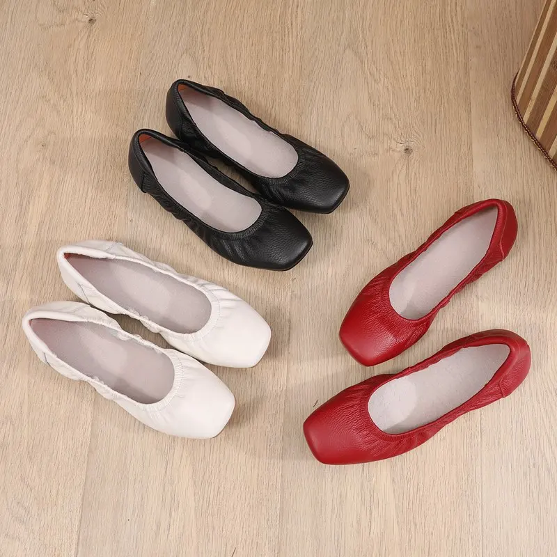 Real Cow Leather Single Unique Shoes Female Shallow Mouth Flat Bottom Shoes Soft European Trendy Genuine Leather Shoes