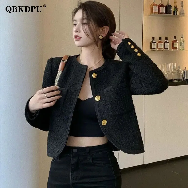 PIKADINGNIS Black Cropped Tweed Jacket Women Korean Fashion Single Breasted  Lapel Coat Woman Elegant Luxury Design Short Outerwear 