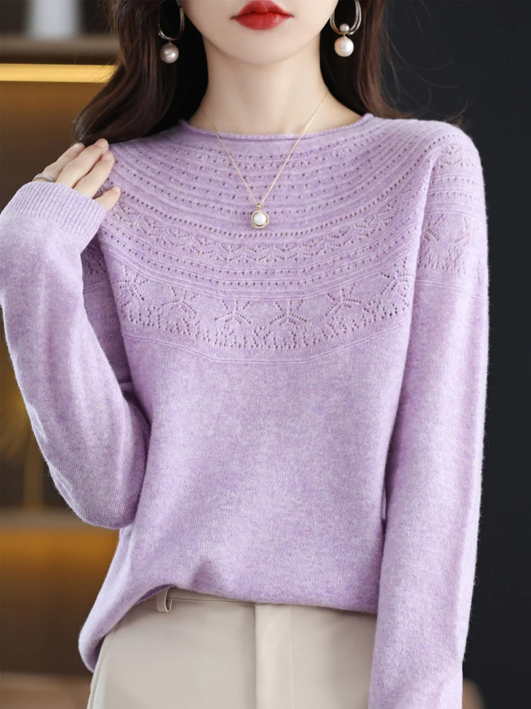 

Merino Wool New Arrivals Hollow Out Women's Sweater LongSleeve ONeck Pullover High Elasticity Slim Fitting Knitted Female Jumper