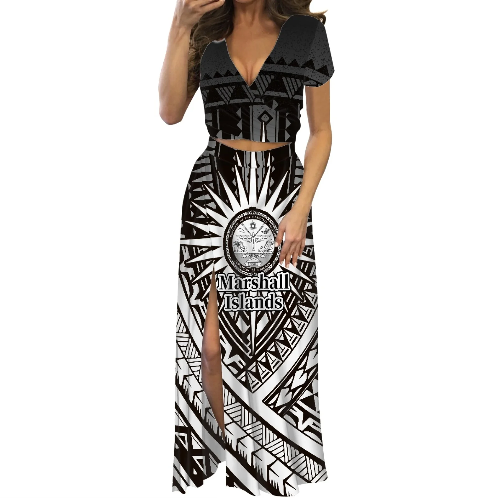 

Пляжные комплекты из 2 предметов Гавайского Самоа, полинезийское маршаллоу, летние комплекты макси с глубоким вырезом, платье с разрезом из двух предметов