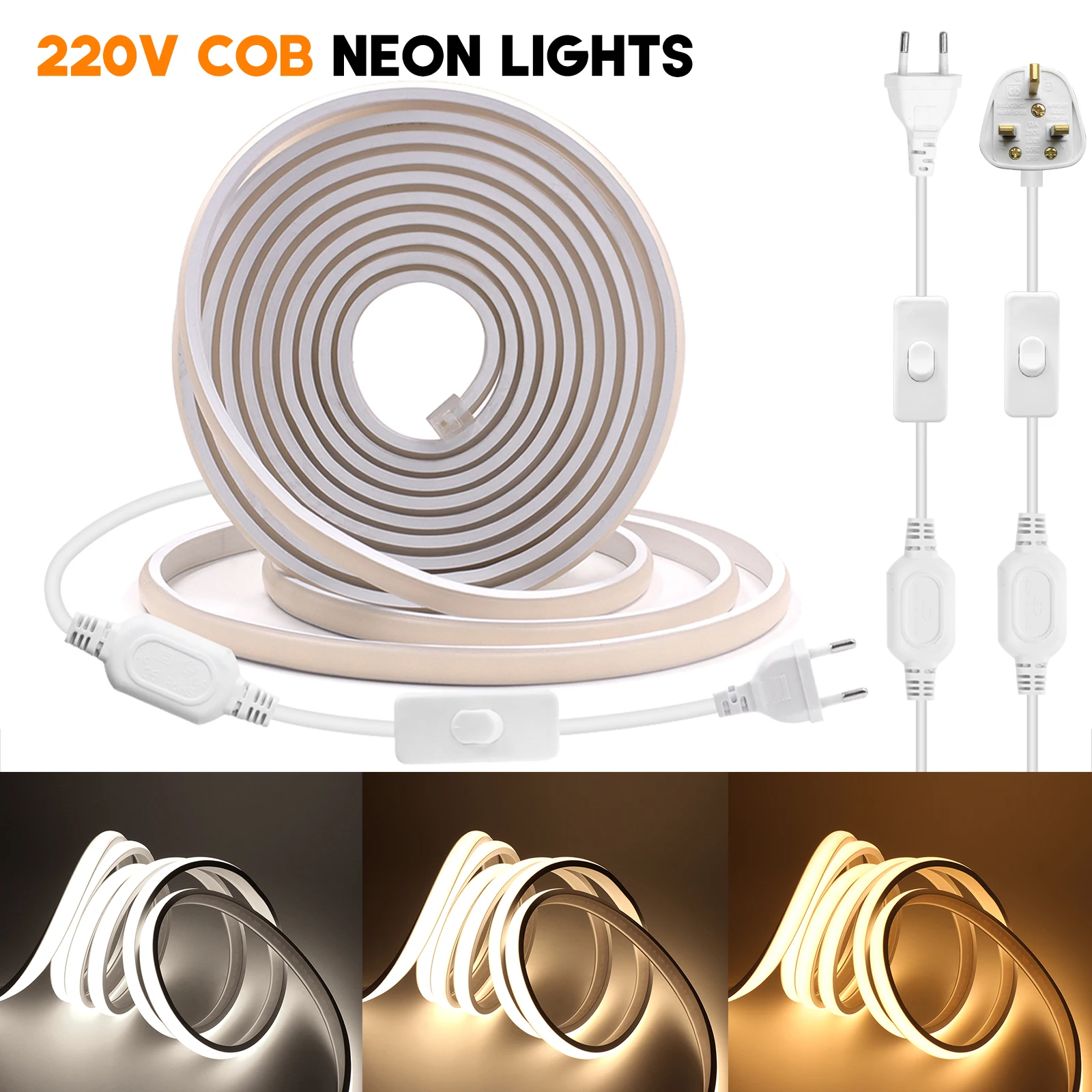 

220V COB LED Strip Neon Light With EU/UK Switch Plug 288Leds/m RA90 High Brightness 3000K 4000K 6000K Waterproof Flexible Tape