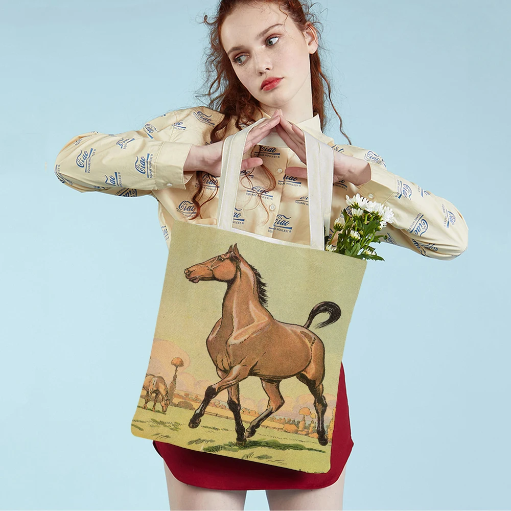 

Vintage Farm Cartoon Animal Children Travel Tote Handbag for Girl Casual Canvas Cow Horse Chicken Women Shopping Shoulder Bag