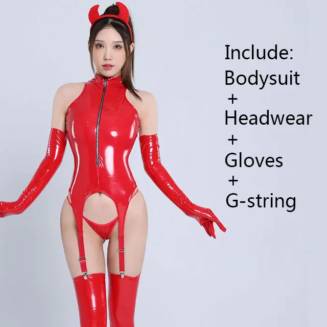 Body erótico de cuero Pu para mujer, lencería de peluche sin entrepierna, ropa de discoteca Wetlook, Catsuit de látex, disfraz fetiche