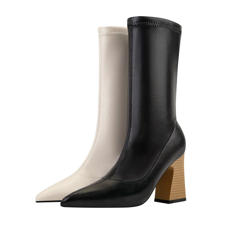 Fashion Sexy Wood Grain Heel Thick Heel Women Boots High Heel Pointed Toe Short Boots Elastic Plus Size 43 Women's Ankle Boots