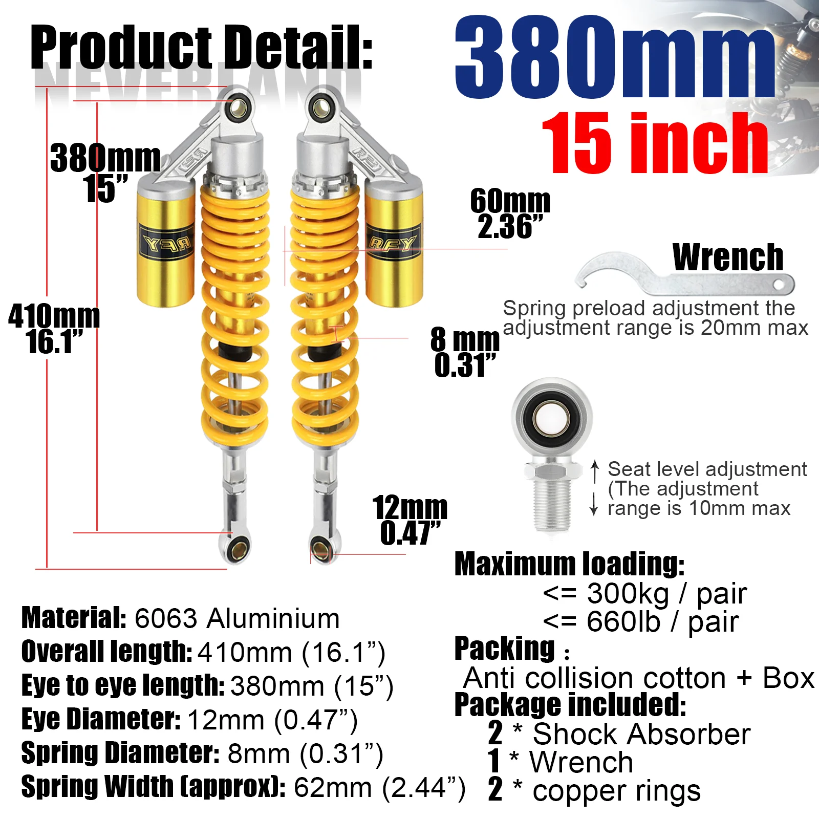 280mm 320mm 380mm Moto Motorcross Dirt Bike Air Amortisseur