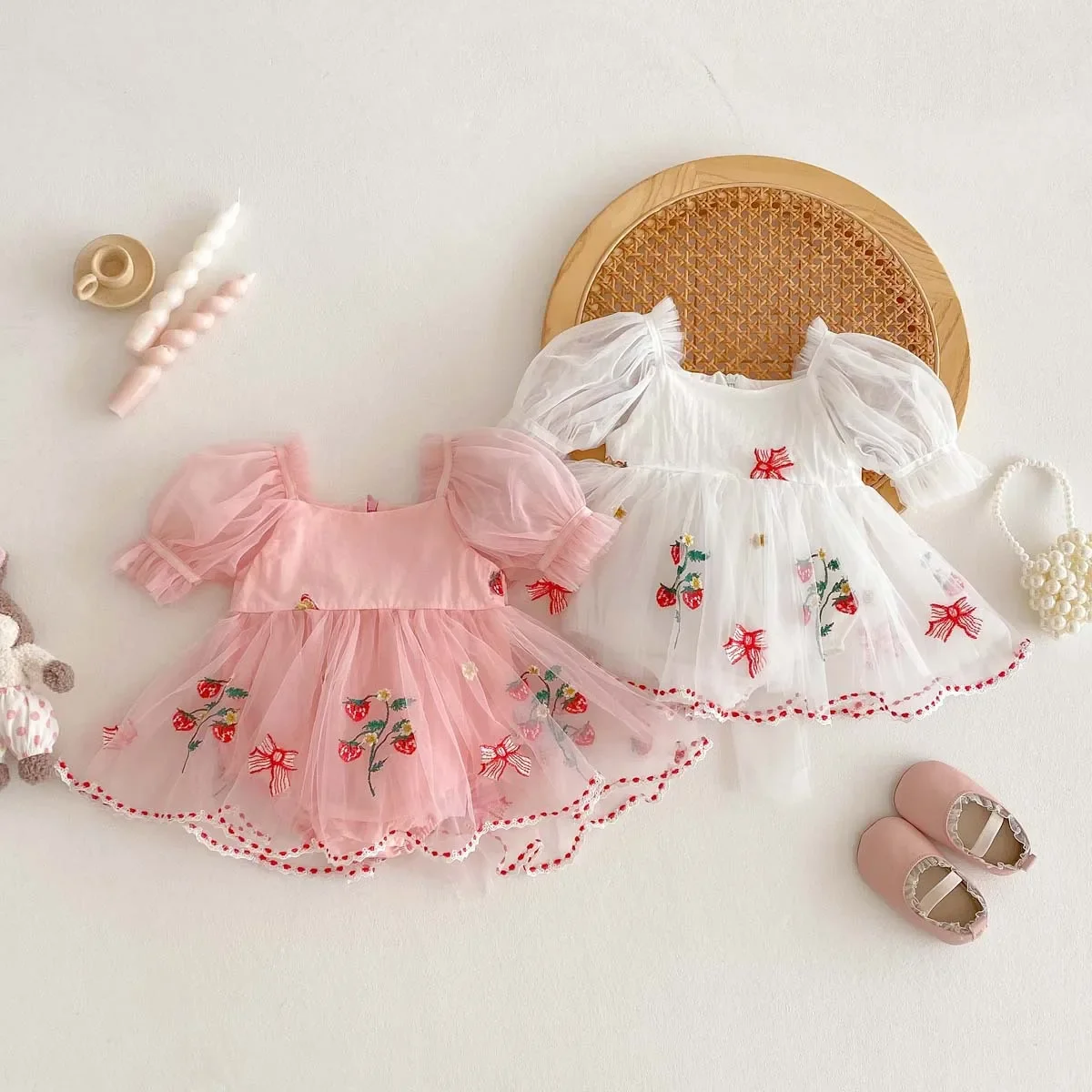 Summer New Bubble Sleeve Bib Overalls Baby Girl Embroidered Butterfly Knot Net Princess Skirt Hundred Days Outdoor Clothes