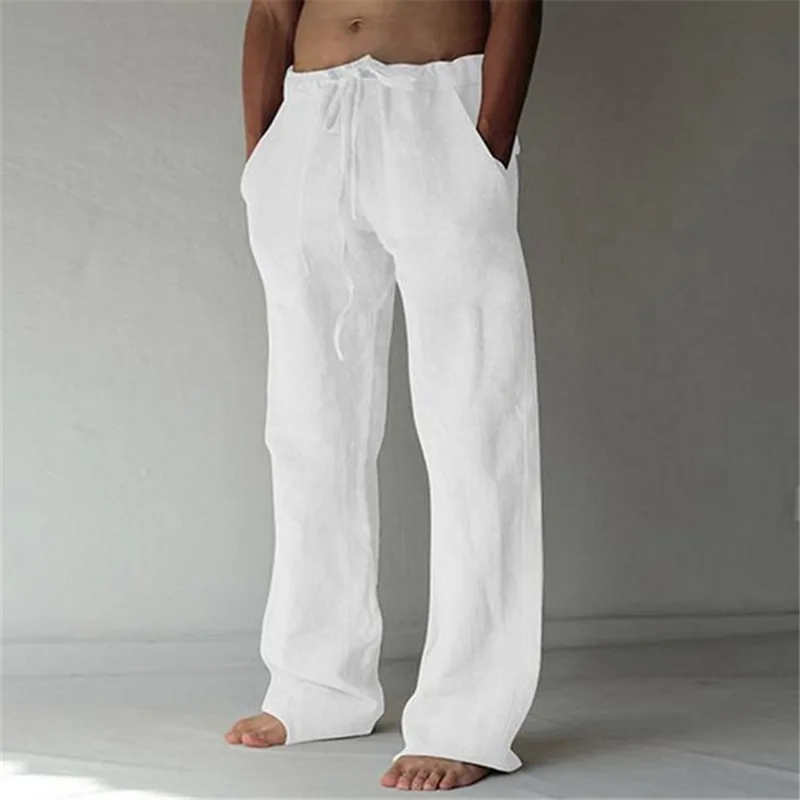 Men'S Summer Casual Pants Daily Wear Solid Full Length Soft Linen Pants Mid Waist Pocket Drawstring Trousers Streetwear_viptrois.com