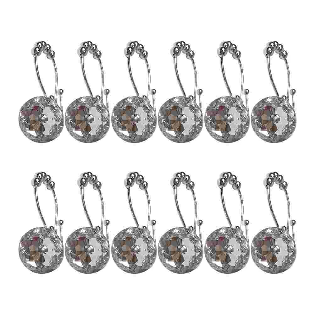 

12 PCS Hook Glide Double Hooks Curtain Shower Ring Hangs Rhinestones Rings Liner